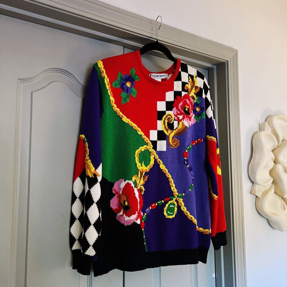 Vintage JH Collectibles Colorblock Graphic Knit Sweater — Women’s Small